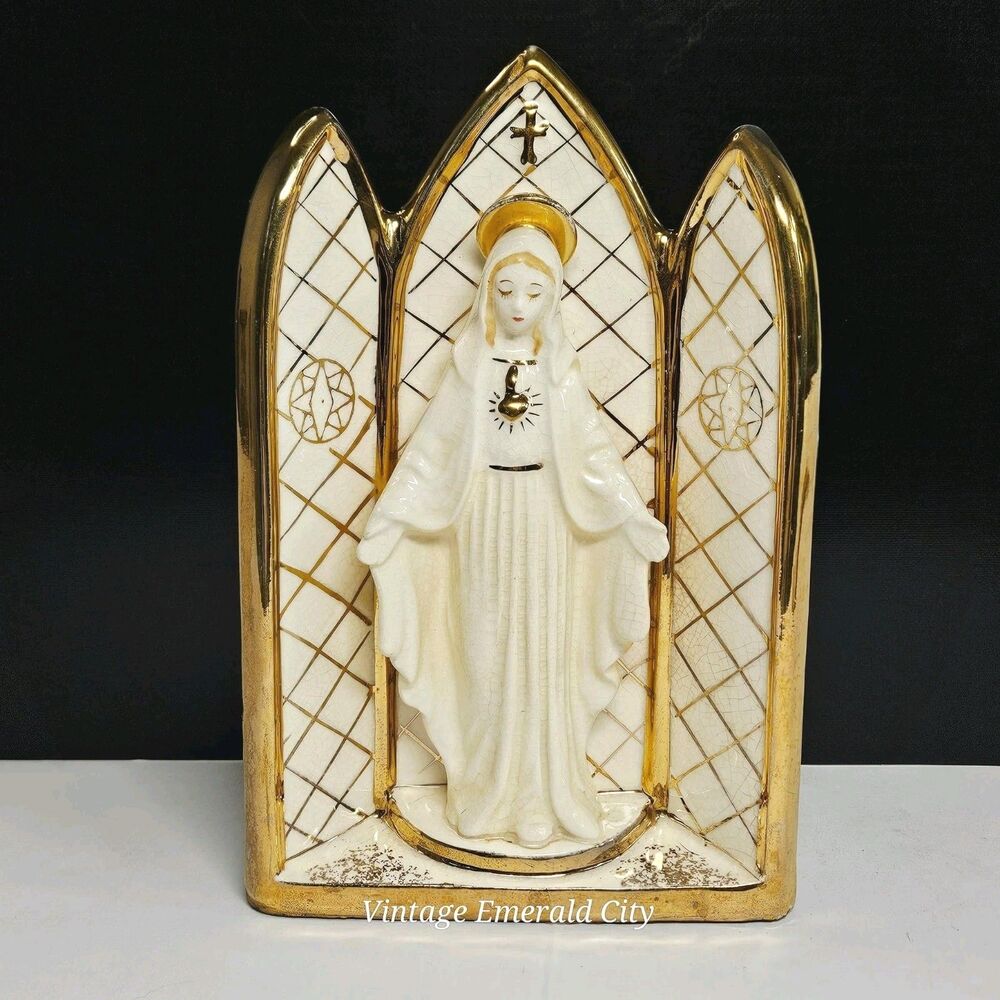 Vtg Geo Z Lefton 3D Virgin Mary Sculpture Wall Pocket Planter Ivory Gold Japan